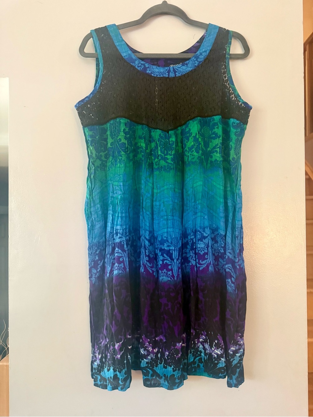 Papa Vancouver Boho Crinkle Rayon Ombre Midi Sundress Lace Panel L